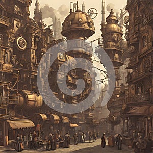 A steampunk-inspired city with clockwork automatons photo