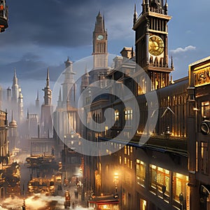 A steampunk-inspired city with towering clock towers, steam-powered vehicles, and airships5, Generative AI