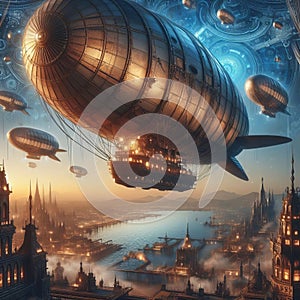 A steampunk inspired drawing of a fantastical airship sailing  photo