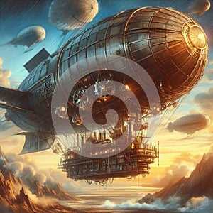 A steampunk inspired drawing of a fantastical airship sailing   photo