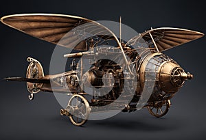 a steampunk-inspired flying machine with detailed mechanical wings.