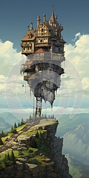 Steampunk-inspired Mountain House With Intricate Caricature-like Illustrations