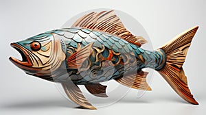 Steampunk-inspired Woodcarving: Colorful Fish Sculpture With Ocean Wave Motif