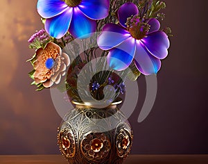Steampunk intricate vase with bioluminiscent flowers - AI generated artwork
