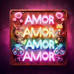 steampunk king and queen in love neon sign valentine illustration concept rusty background