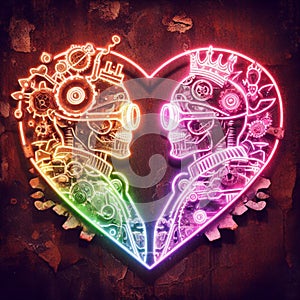 steampunk king and queen in love neon sign valentine illustration concept rusty background