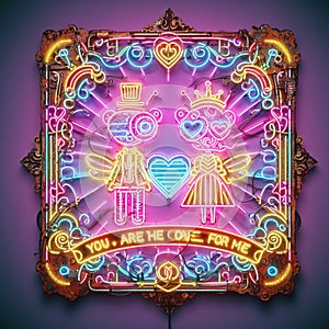 steampunk king and queen in love neon sign valentine illustration concept rusty background