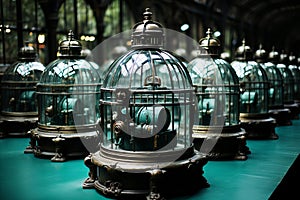 Steampunk laboratory with brass machinery, glowing concoctions, gears, and stained glass windows photo