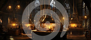 Steampunk laboratory with brass machinery, glowing concoctions, and mesmerizing gears and cogs photo