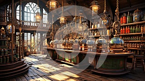 Steampunk laboratory intricate brass machinery, glowing concoctions, gears, cogs, and stained glass photo