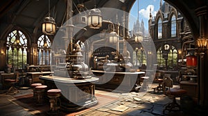 Steampunk laboratory intricate brass machinery, glowing concoctions, gears, cogs, stained glass photo