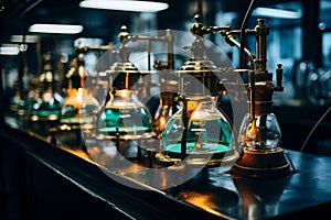 Steampunk laboratory intricate brass machinery, glowing concoctions mesmerizing gears photo