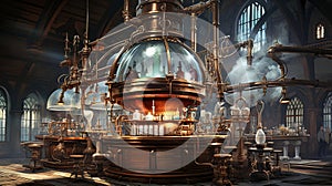 Steampunk laboratory intricate brass machinery, glowing concoctions, sunlit gears cogs photo
