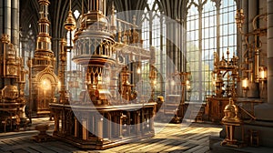 Steampunk laboratory intricate brass machinery and glowing concoctions in sunlit setting