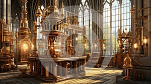 Steampunk laboratory intricate brass machinery and glowing concoctions in sunlit setting photo
