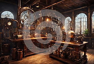 A steampunk laboratory with various gadgets and contraptions.