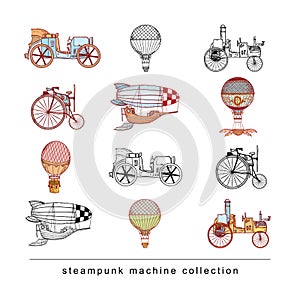 Steampunk machines collection, hand drawn vector illustration.