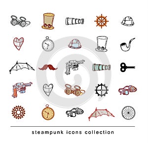 Steampunk machines collection, hand drawn vector illustration.