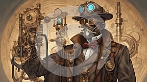 _A steampunk man doctor in futuristic medicine medical concept. The doctor is wearing a leather coat