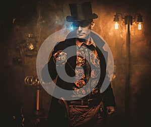 Steampunk man with pocket watch on vintage steampunk background