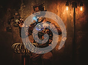 Steampunk man with Tesla coil on vintage steampunk background