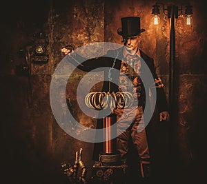 Steampunk man with Tesla coil on vintage steampunk background