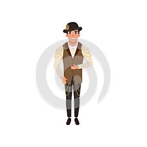 Steampunk man. Young guy in shirt, pants, vest with chains and bowler hat with gears. Costume for festival. Flat vector