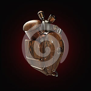 Steampunk mecha robot techno heart. engine with pipes, radiators and wooden hood parts. isolated