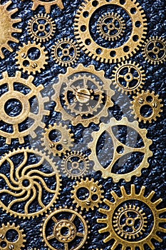 Steampunk mechanical cogs gears wheels on leathern background