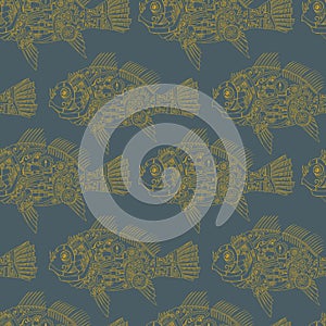 Steampunk mechanical fish seamless vector pattern. Design texture of machinery creature in colors of graphite and gold