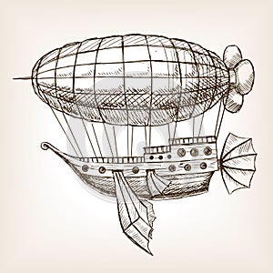 Steampunk mechanical flying airship sketch vector