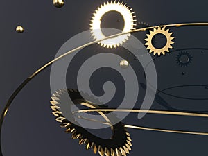 Steampunk mechanism - 3d render illustration. Gears, flying metal spheres and gold rings