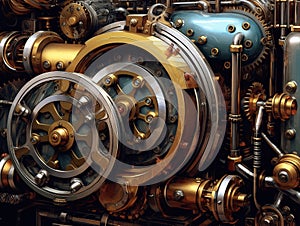 Steampunk mechanism with gears and cogwheels on a dark background. Generative AI