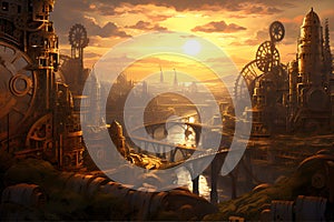 Steampunk Metropolis at Sunset. A sprawling steampunk city with gears and cogs, AI Generated