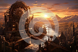 Steampunk Metropolis at Sunset. A sprawling steampunk city with gears and cogs, AI Generated