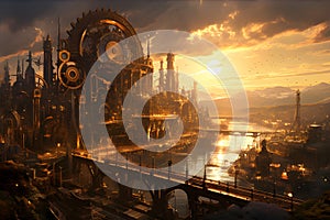 Steampunk Metropolis at Sunset. A sprawling steampunk city with gears and cogs, AI Generated