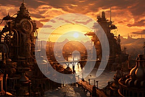 Steampunk Metropolis at Sunset. A sprawling steampunk city with gears and cogs, AI Generated