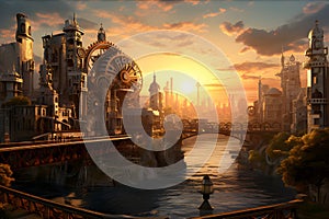 Steampunk Metropolis at Sunset. A sprawling steampunk city with gears and cogs, AI Generated