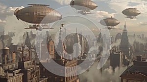 Steampunk Metropolis: Victorian Cityscape with Airships and Mechanical Marvels