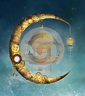 Steampunk moon and a fantasy air balloon