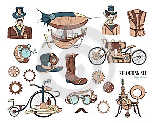 Steampunk objects and mechanism collection: machine, clothing, people and gears. Hand drawn vintage style illustration