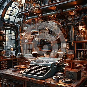 Steampunk office with vintage typewriters brass lamps