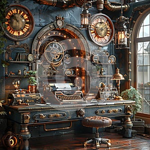 Steampunk office with vintage typewriters brass lamps