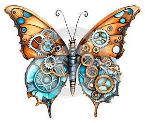 Steampunk orange and blue butterfly with mechanical gears in a watercolor style. Fantasy insect illustration. Created with