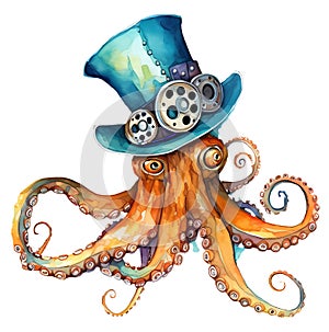 Steampunk orange octopus in a blue hat with mechanical gears in a watercolor style. Fantasy ocean animals illustration. Under the