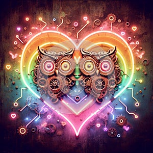steampunk owls in love neon sign amor valentines concept rusty background