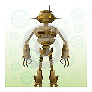 Steampunk robot or fighting machine with intricate devices, vintage cyborg.