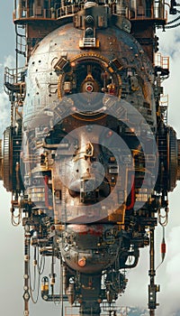 A steampunk robot head with a female face