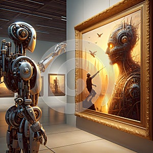 Steampunk Robot Scrutinizing Post-Apocalyptic Painting in Art Gallery