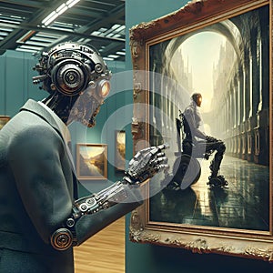 Steampunk Robot Scrutinizing Post-Apocalyptic Painting in Art Gallery